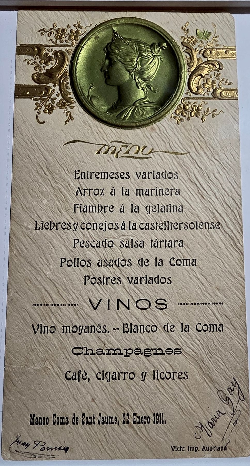 Menú original d'un banquet de noces al Manso Coma de Sant Jaume, 22 de gener de 1911